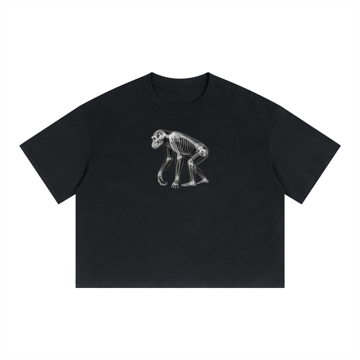 Black SCAN T-shirt featuring a full-body chimpanzee X-ray skeleton graphic
