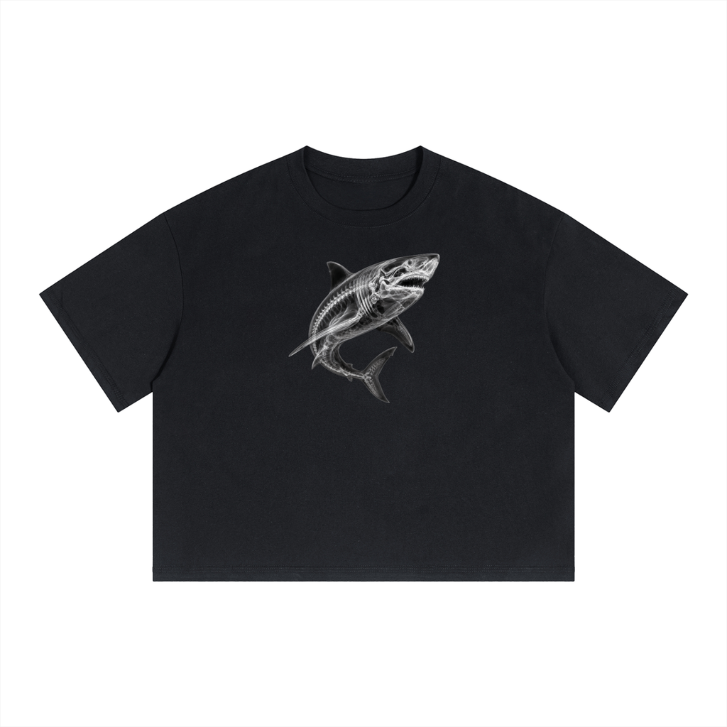 Black SCAN T-shirt featuring a great white shark X-ray skeleton graphic