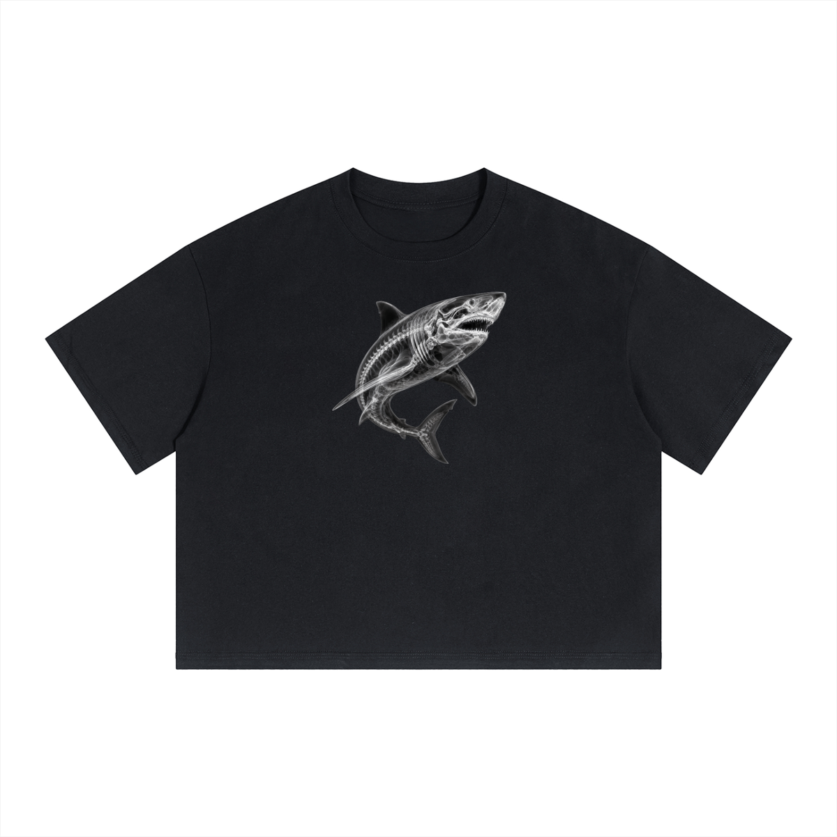 Black SCAN T-shirt featuring a great white shark X-ray skeleton graphic
