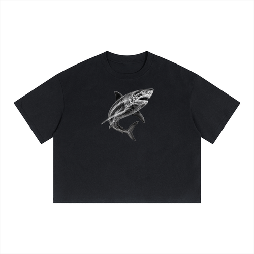 Black SCAN T-shirt featuring a great white shark X-ray skeleton graphic
