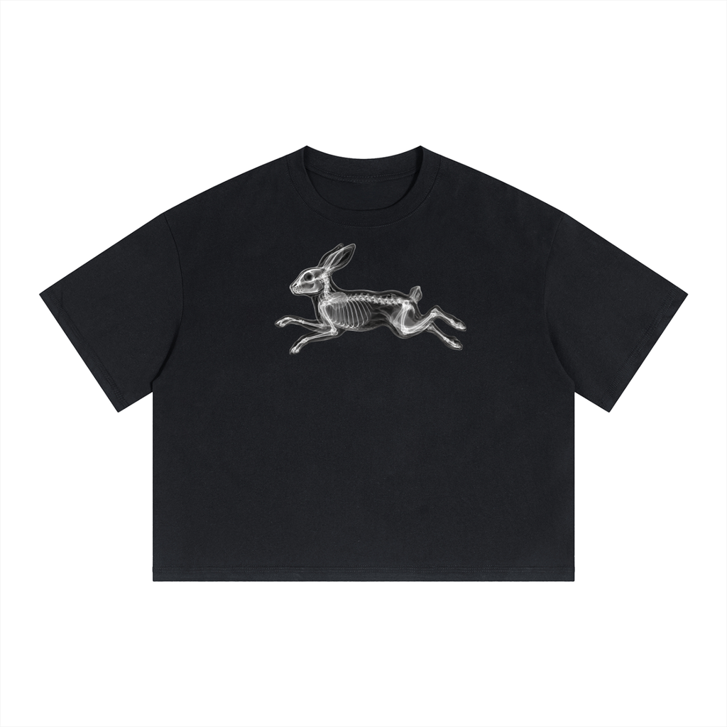 Black SCAN T-shirt featuring a running rabbit X-ray skeleton graphic in motion