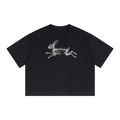 Black SCAN T-shirt featuring a running rabbit X-ray skeleton graphic in motion