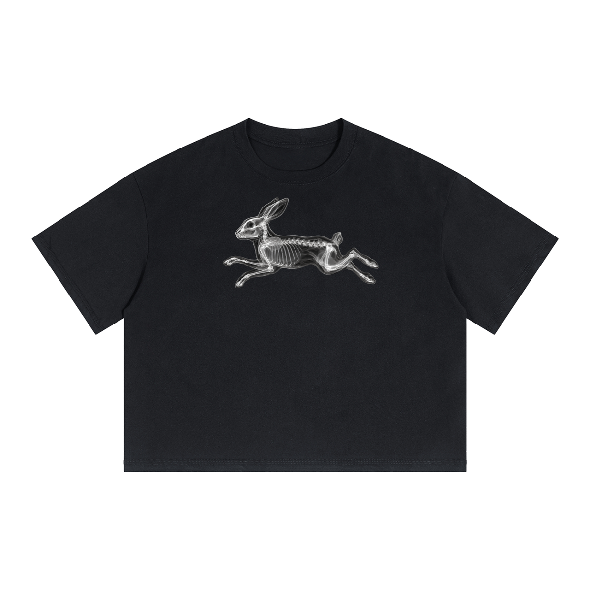 Black SCAN T-shirt featuring a running rabbit X-ray skeleton graphic in motion